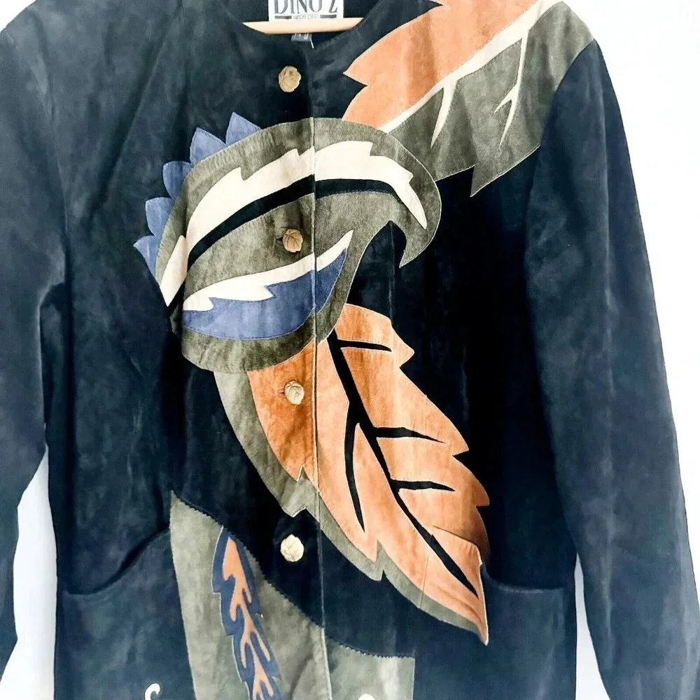 Vintage Dino'z Suede Leaf Print Patchwork Jacket 8